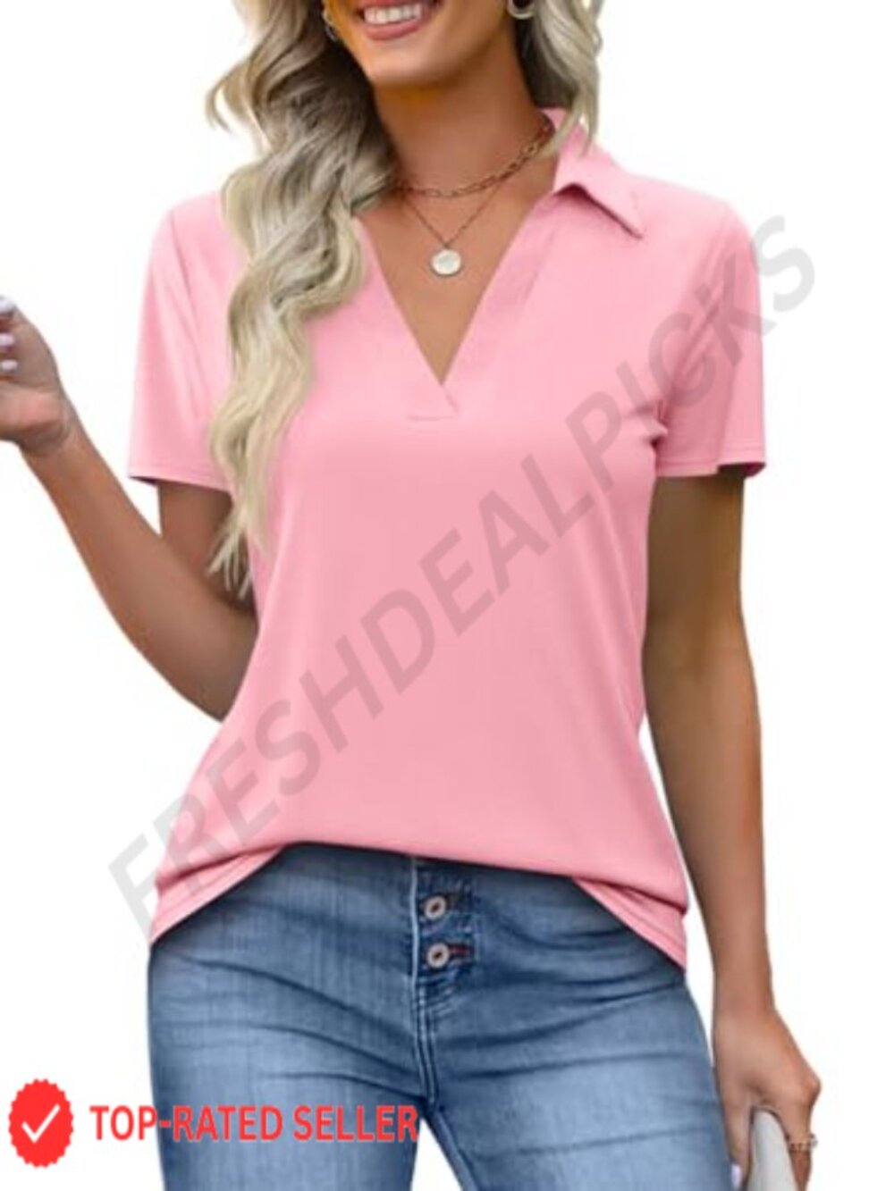 Womens Short Sleeve Polo Shirt V Neck Collared Top Relaxed Fit